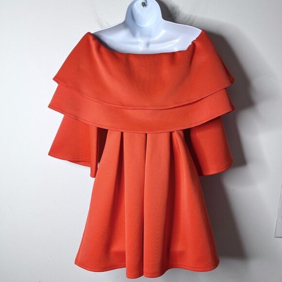 Asos Women's Mini Dress 0 Red Orange Off the Shoulder Ruffle Fit & Flare Stretch - Picture 5 of 8